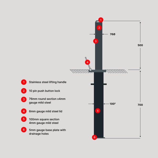 Rhino RT RD4 - Black Steel Telescopic Security Bollard - Powder Coated